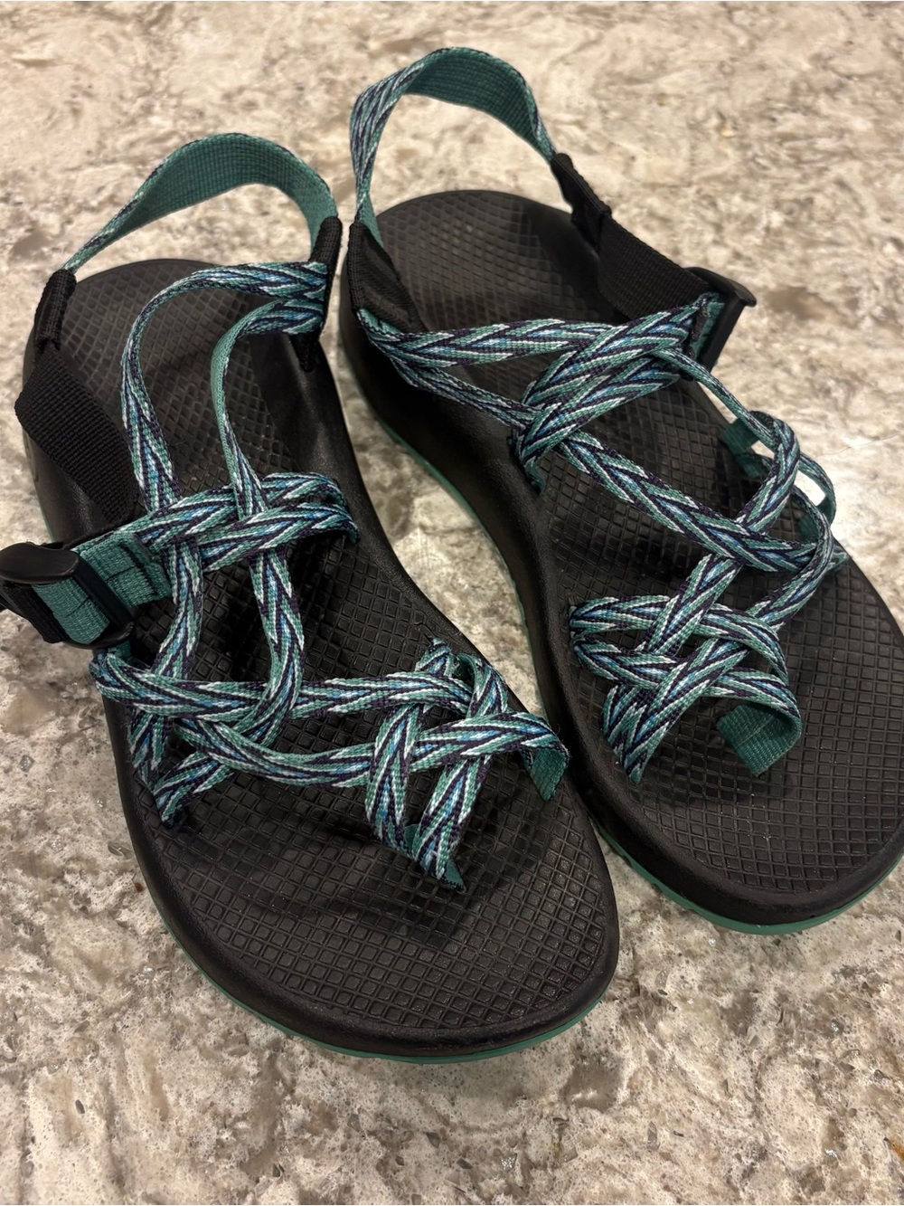 Chaco Black and Teal Braided Strap Sandals